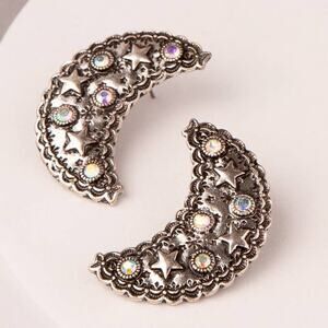 Western Star Patterned Crescent Moon Earrings Iridescent
